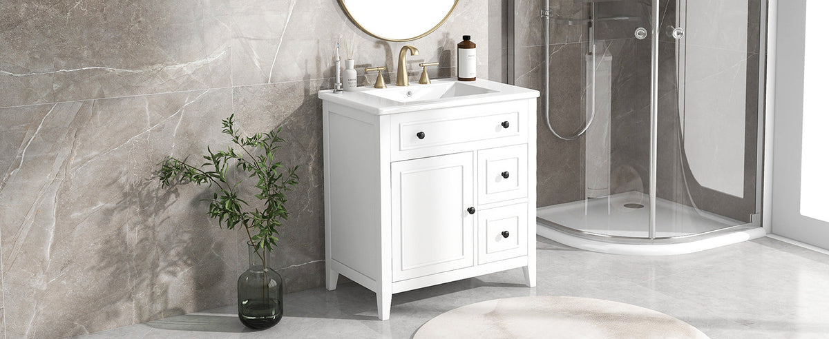30 Inch White Bathroom Vanity with Sink Top and Storage