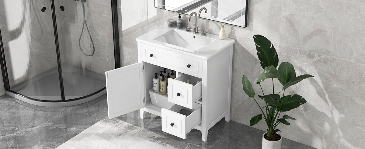 30 Inch White Bathroom Vanity with Sink Top and Storage