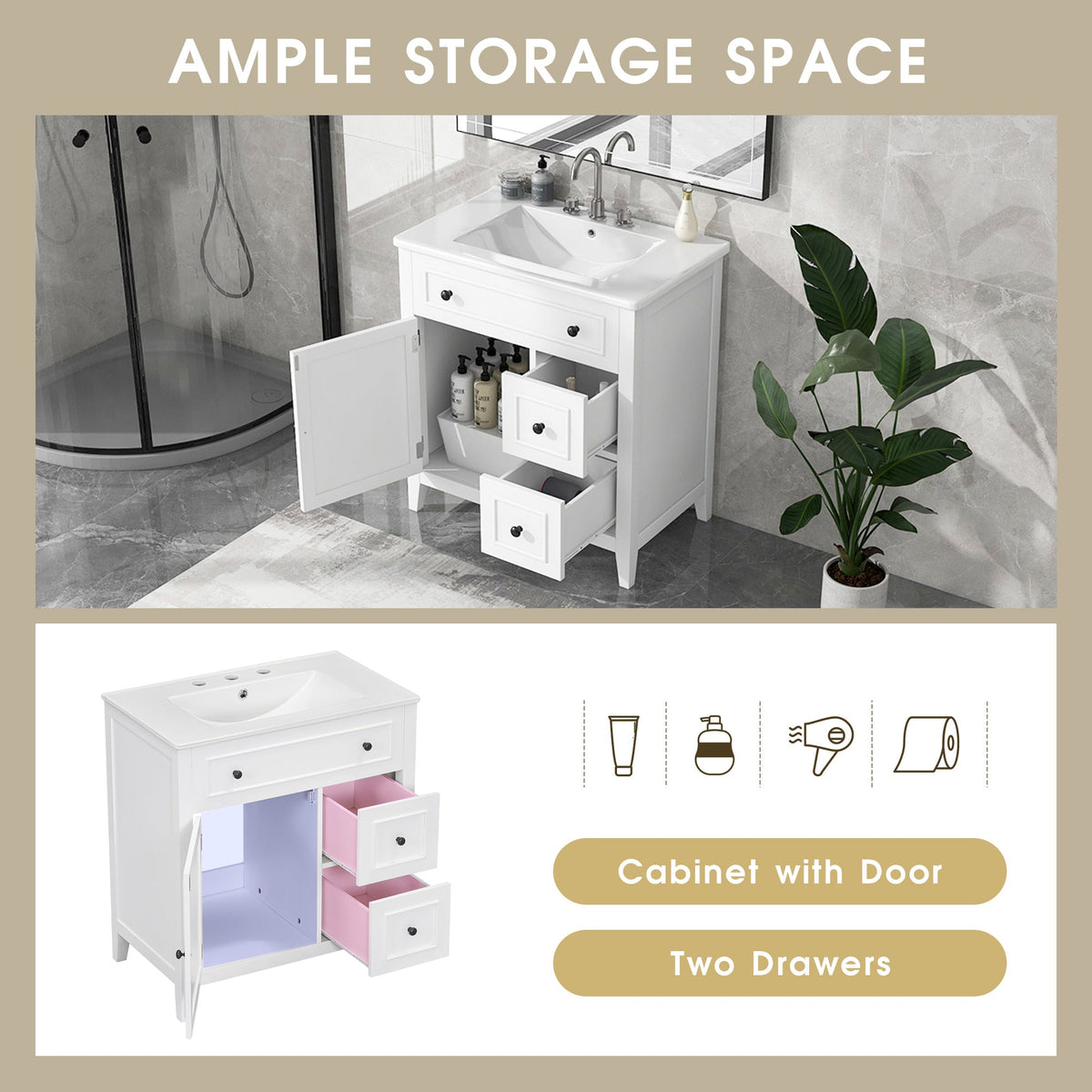 30 Inch White Bathroom Vanity with Sink Top and Storage