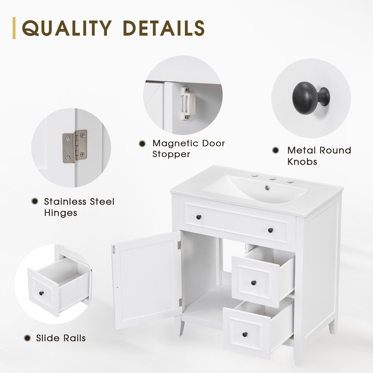 30 Inch White Bathroom Vanity with Sink Top and Storage