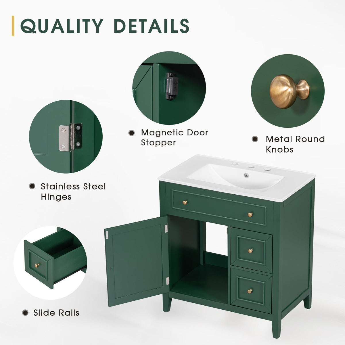 30 Inch Green Bathroom Vanity with Sink Top and Storage