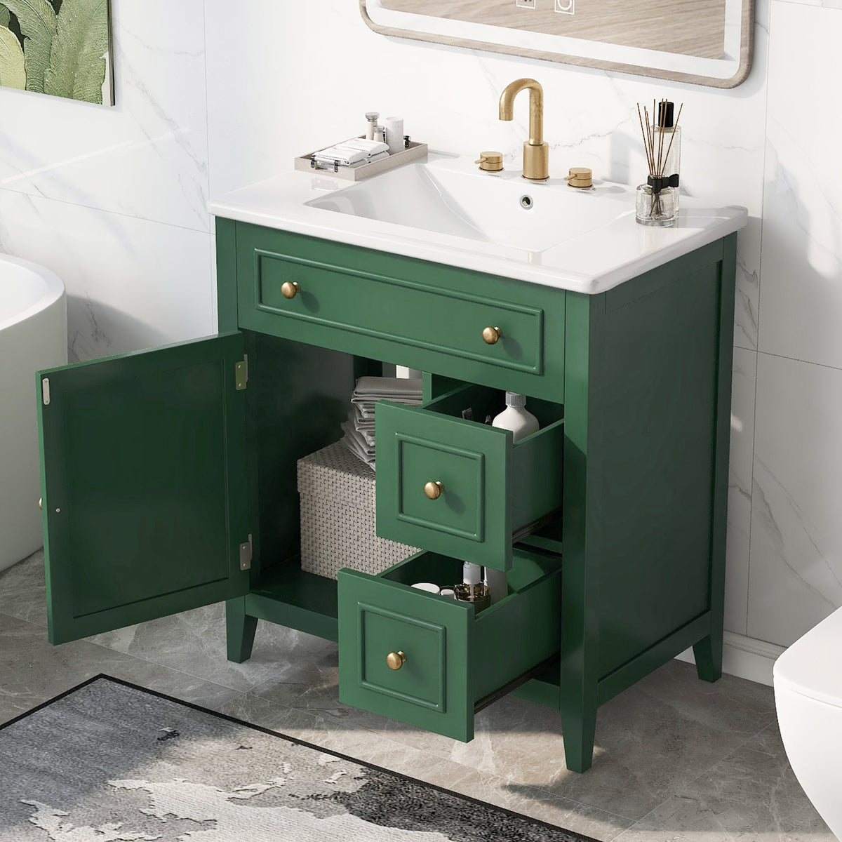 30 Inch Green Bathroom Vanity with Sink Top and Storage