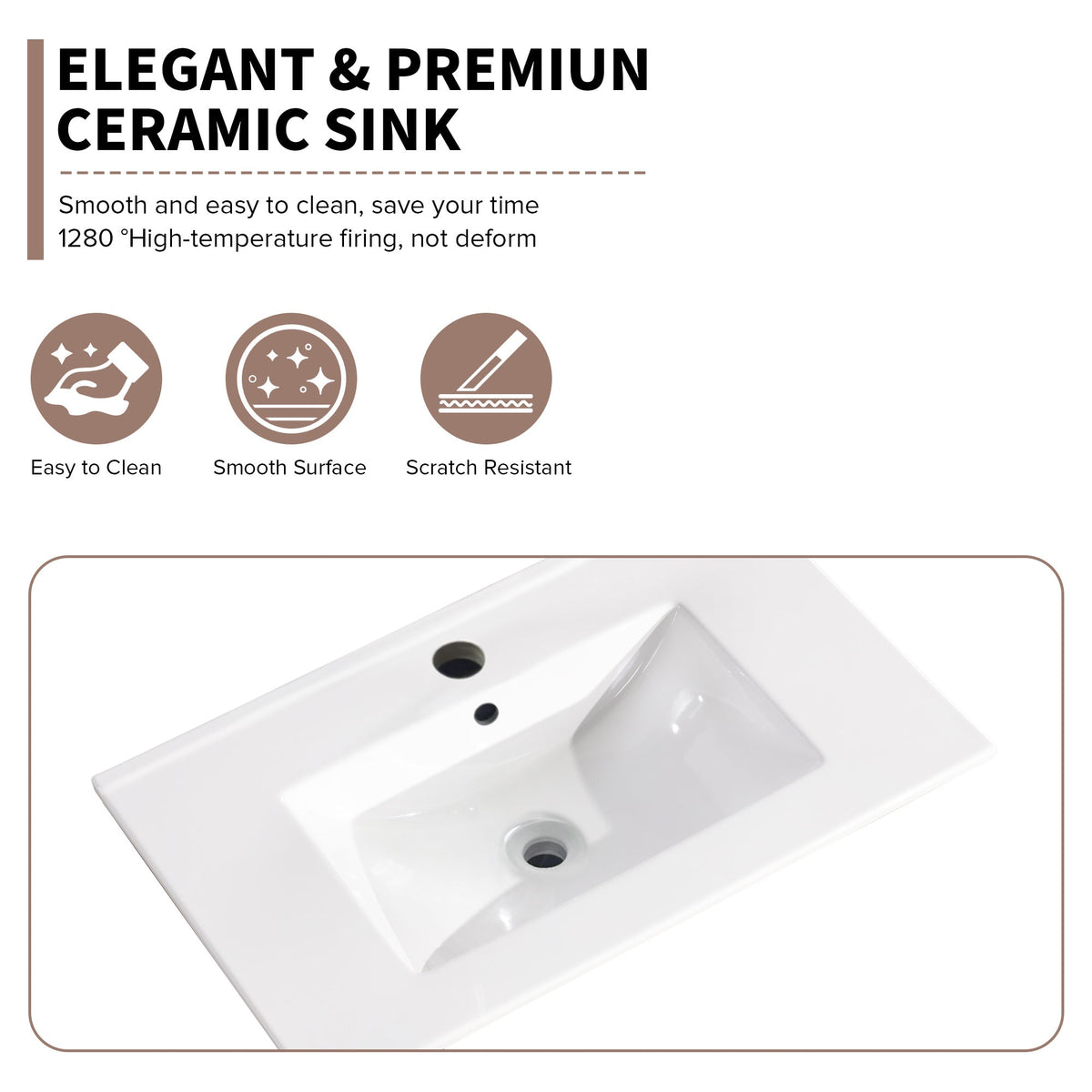 30 Inch Bathroom Ceramic Sink Basin with Easy-Clean Glaze
