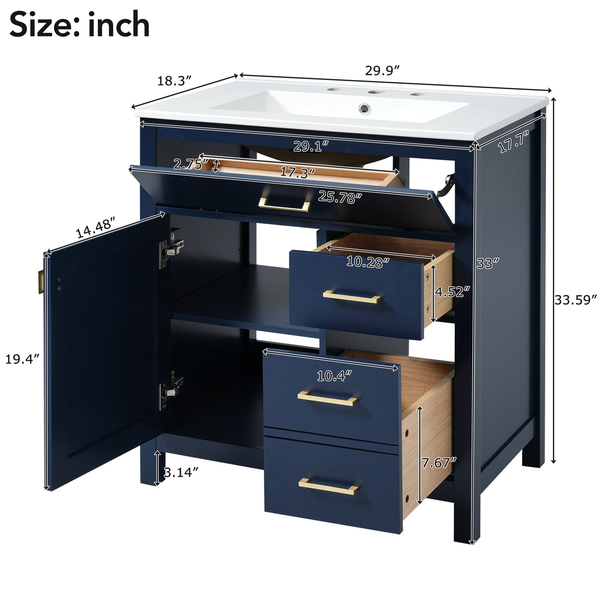 30-Inch Navy Bathroom Vanity with Ceramic Sink & Storage
