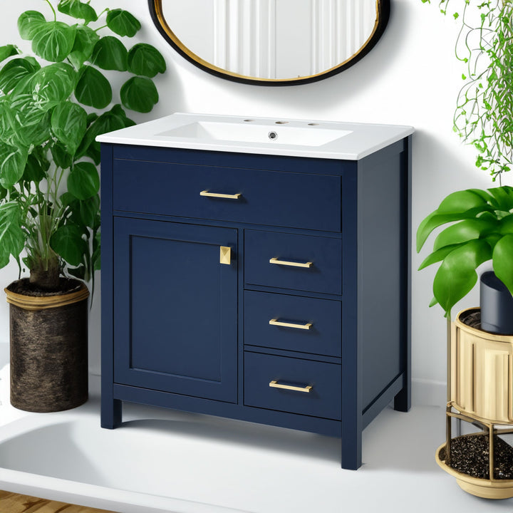30-Inch Navy Bathroom Vanity with Ceramic Sink & Storage