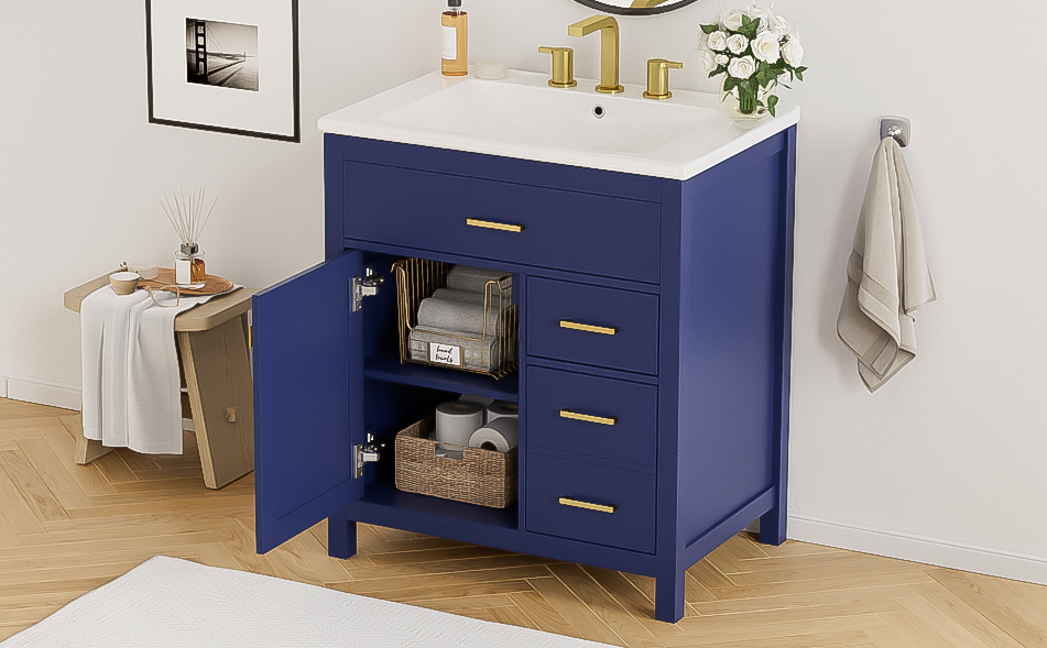 30-Inch Navy Bathroom Vanity with Ceramic Sink & Storage