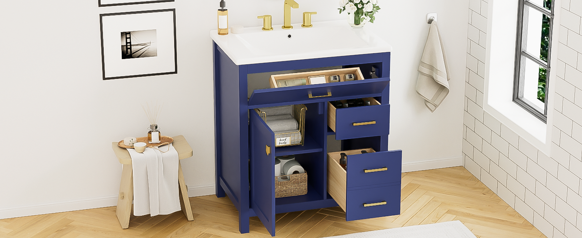 30-Inch Navy Bathroom Vanity with Ceramic Sink & Storage