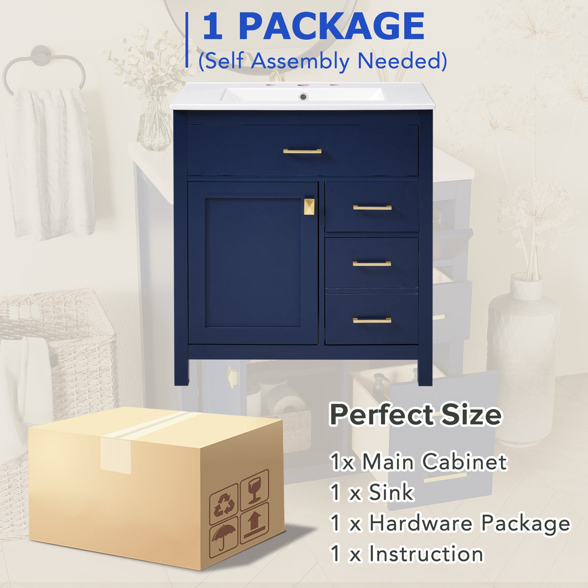 30-Inch Navy Bathroom Vanity with Ceramic Sink & Storage