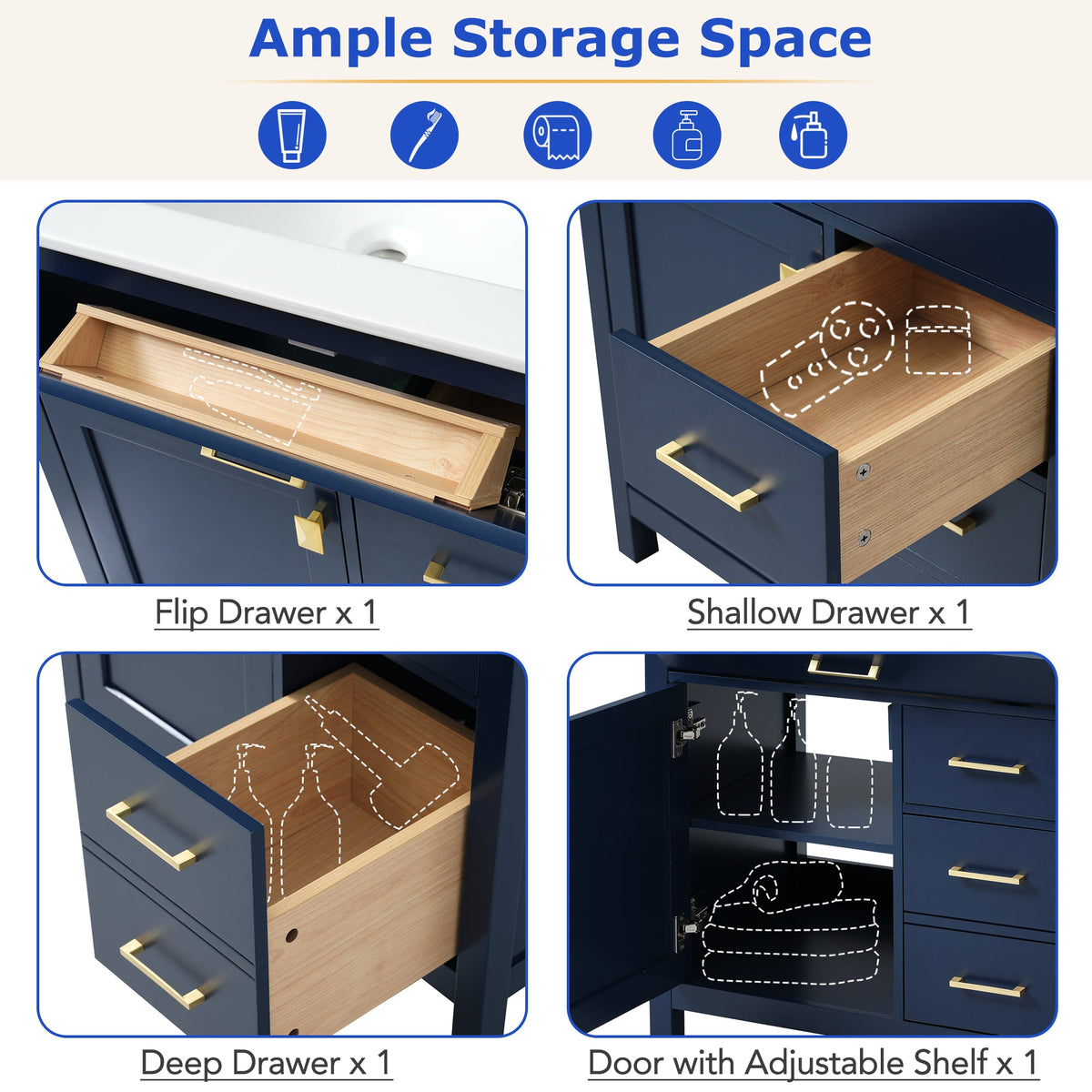 30-Inch Navy Bathroom Vanity with Ceramic Sink & Storage