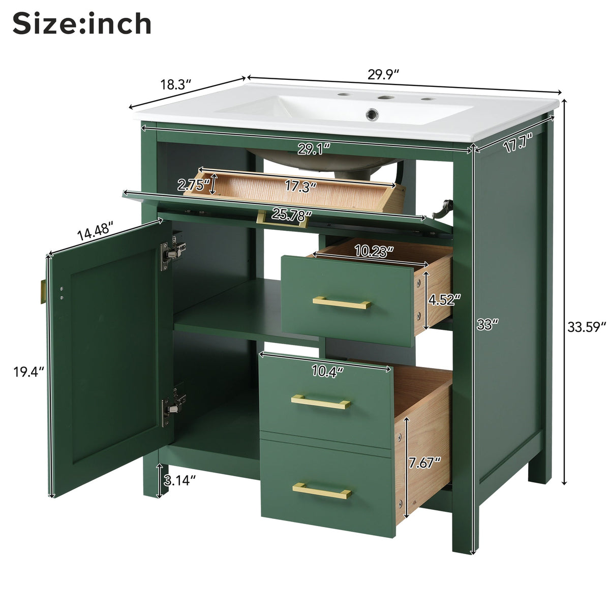 30-Inch Green Bathroom Vanity, Ceramic Sink & Storage
