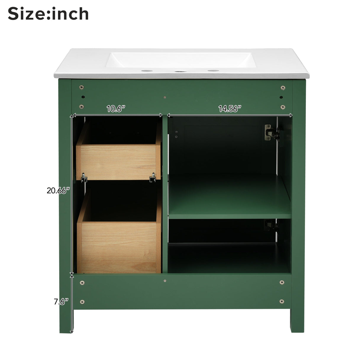 30-Inch Green Bathroom Vanity, Ceramic Sink & Storage