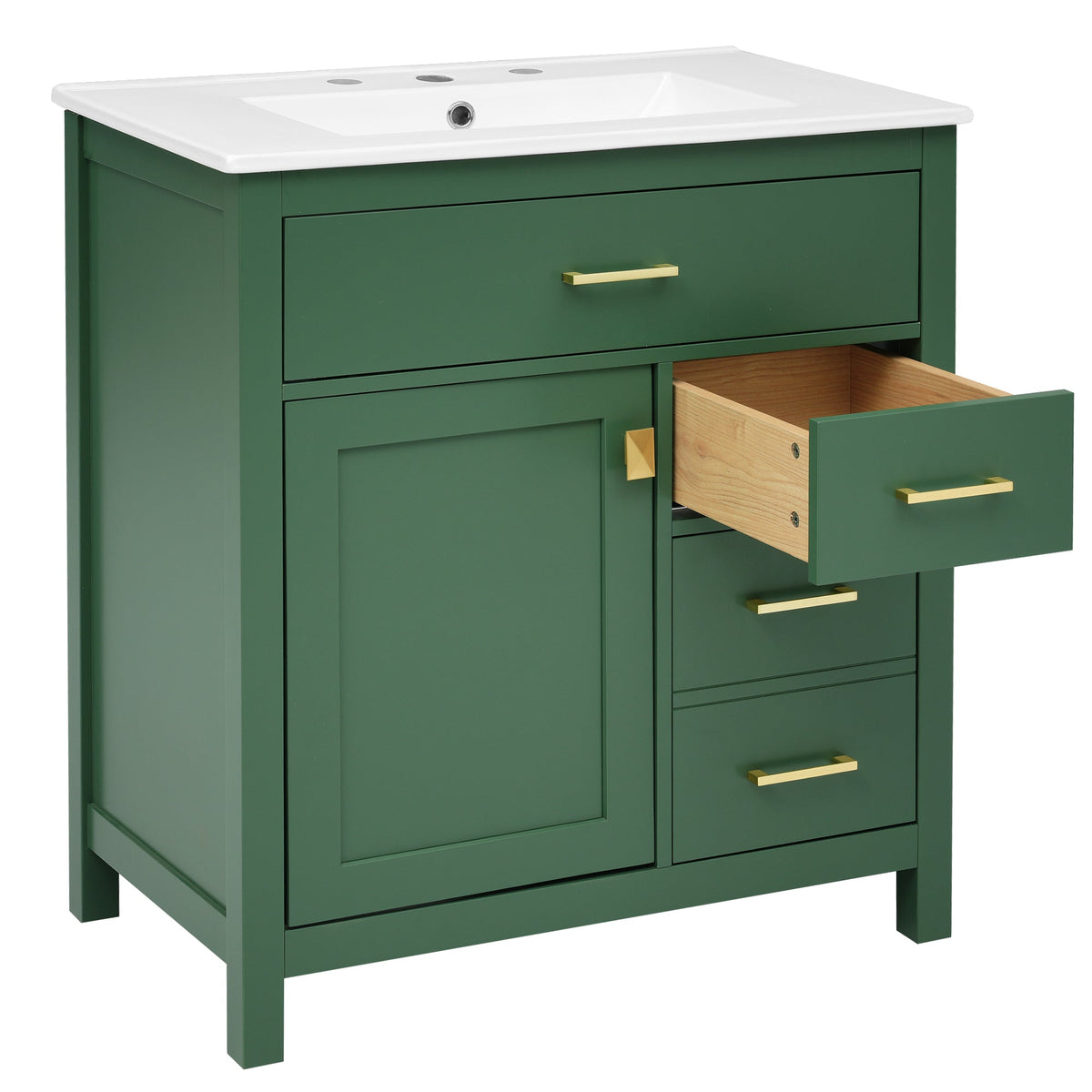 30-Inch Green Bathroom Vanity, Ceramic Sink & Storage