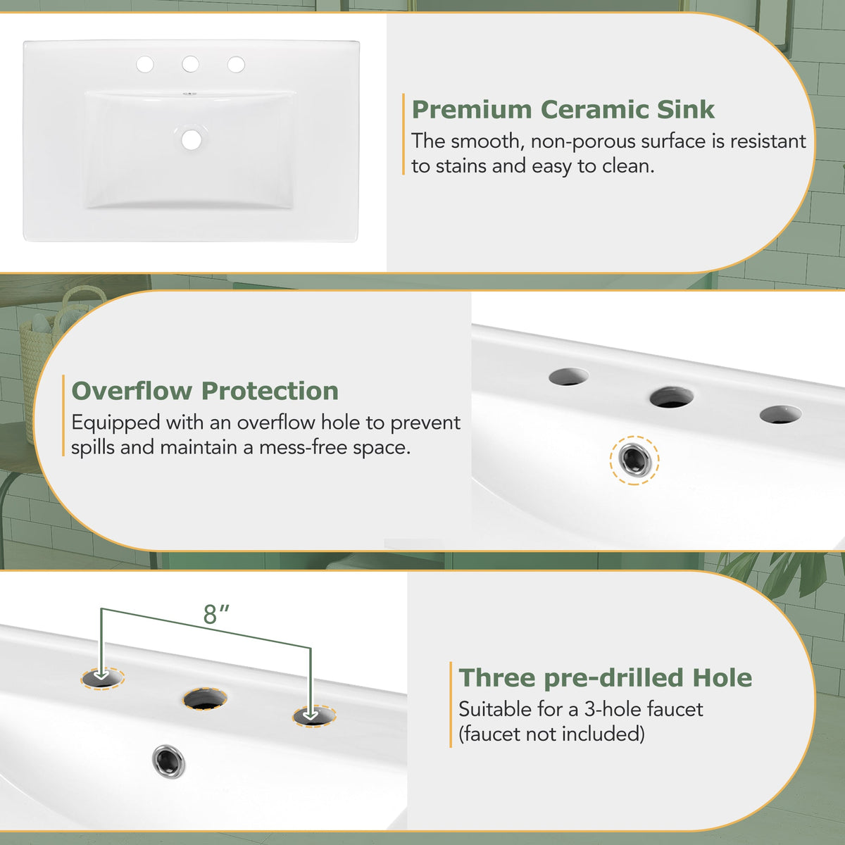 30-Inch Green Bathroom Vanity, Ceramic Sink & Storage