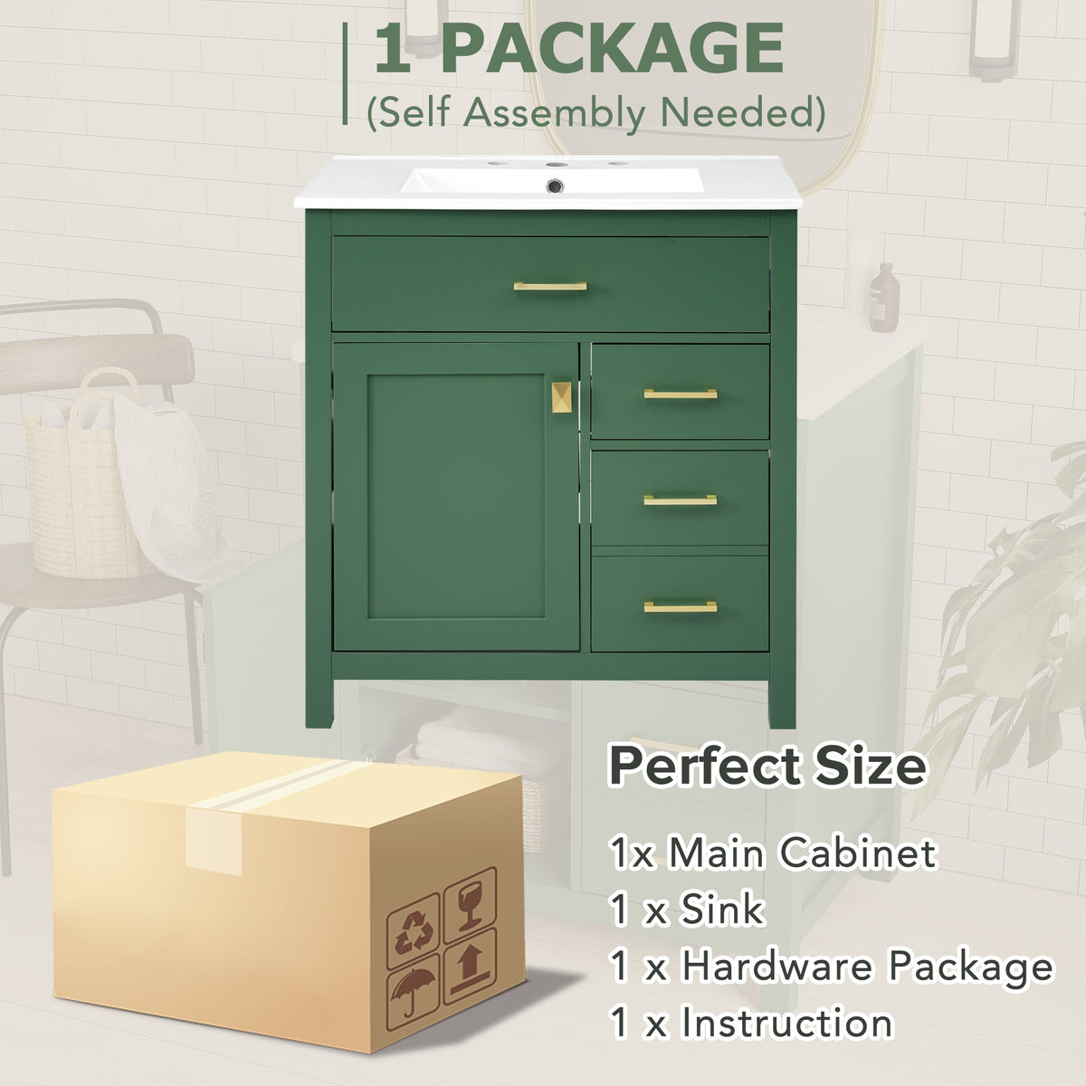 30-Inch Green Bathroom Vanity, Ceramic Sink & Storage