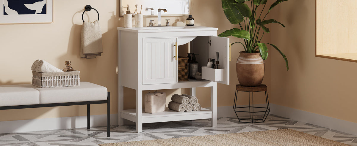 White Bathroom Vanity with Ceramic Sink for Small Bathrooms