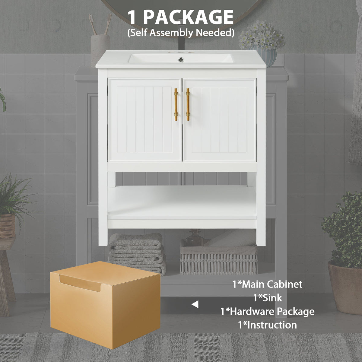 White Bathroom Vanity with Ceramic Sink for Small Bathrooms