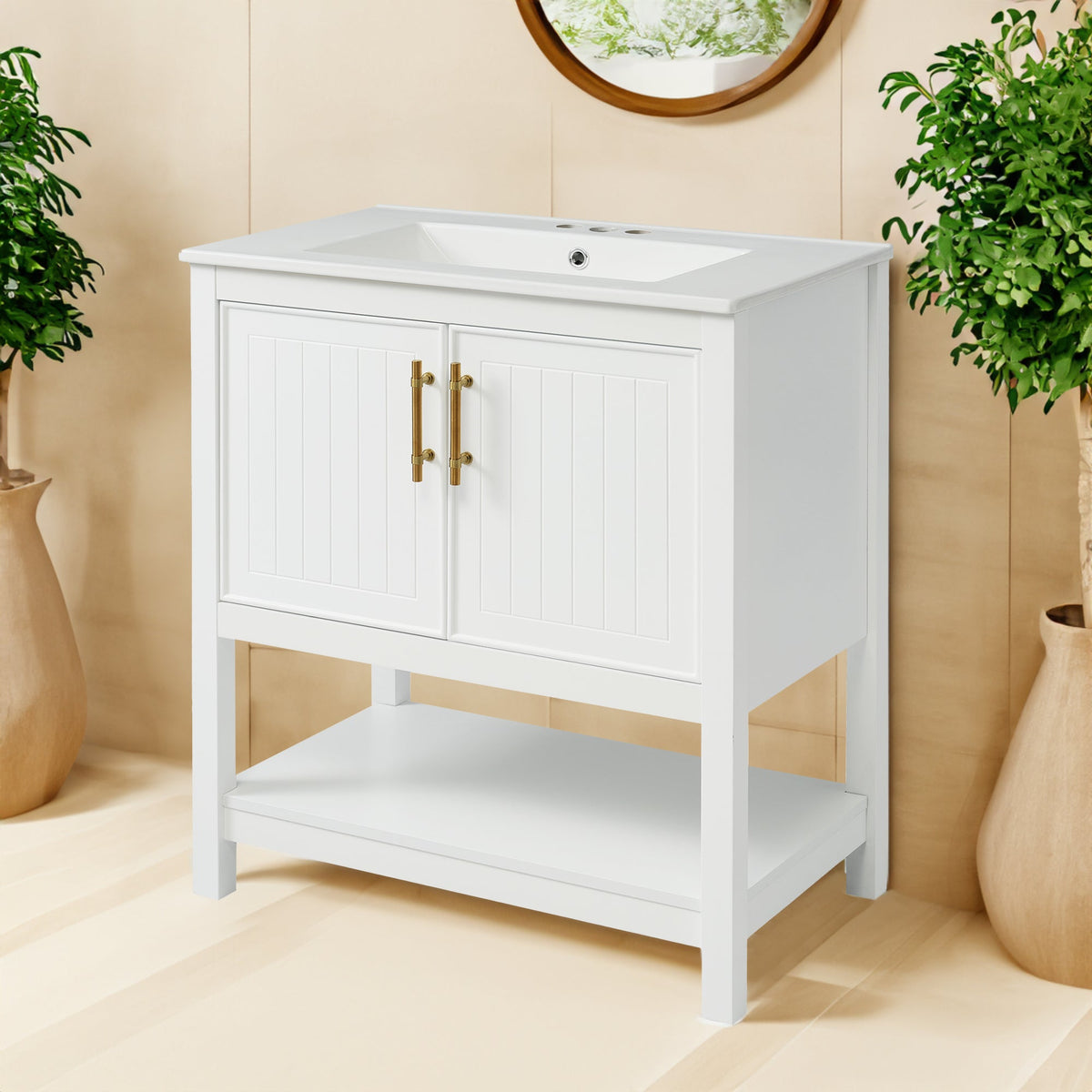 White Bathroom Vanity with Ceramic Sink for Small Bathrooms