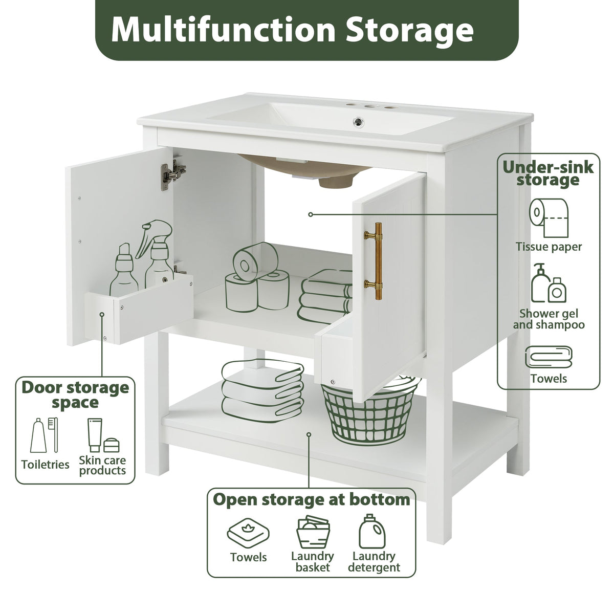 White Bathroom Vanity with Ceramic Sink for Small Bathrooms