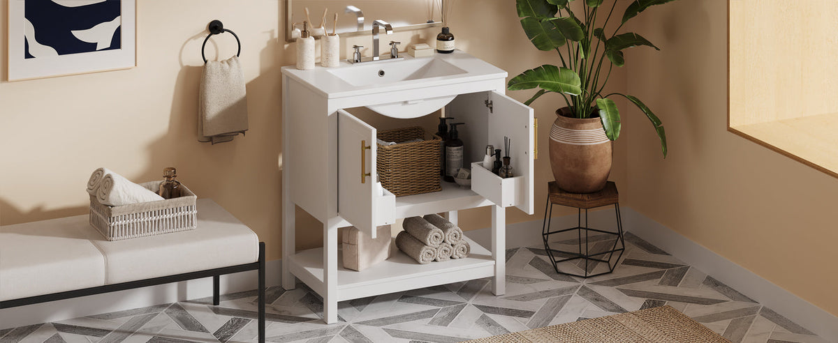White Bathroom Vanity with Ceramic Sink for Small Bathrooms