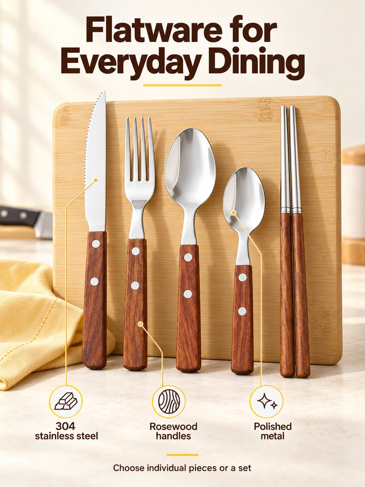304 Stainless Steel Flatware Set with Rosewood Handles