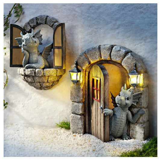 Dragon Garden Statue with Glowing Fairy Door Lanterns