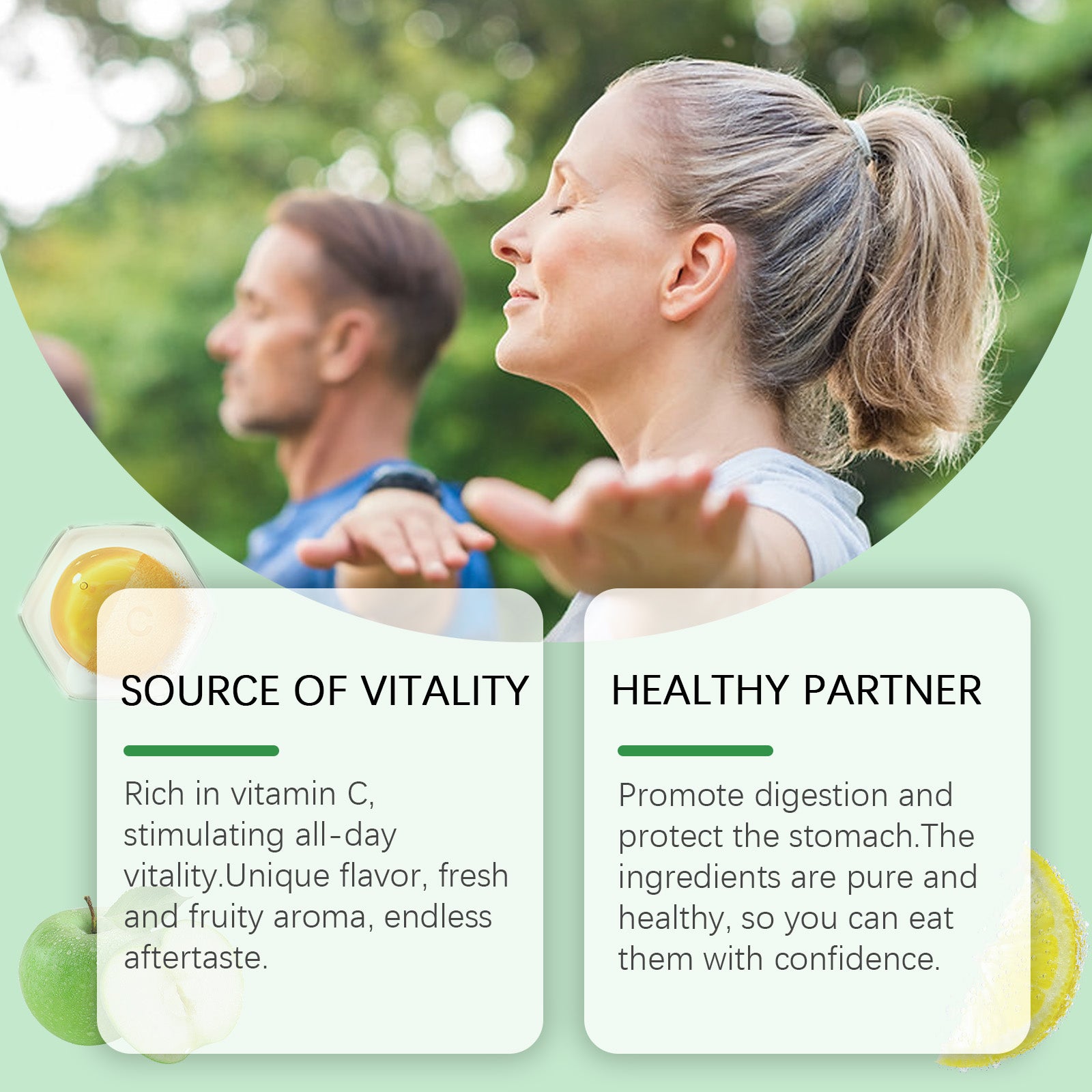Adult couple outdoors in nature with text 'SOURCE OF VITALITY' and 'HEALTHY PARTNER' describing Vitamin C benefits and digestion support