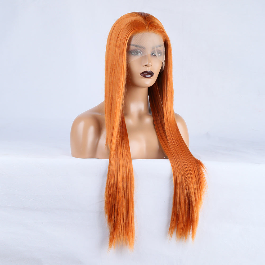 Long Straight Orange Lace-Front Wig With Natural Hairline