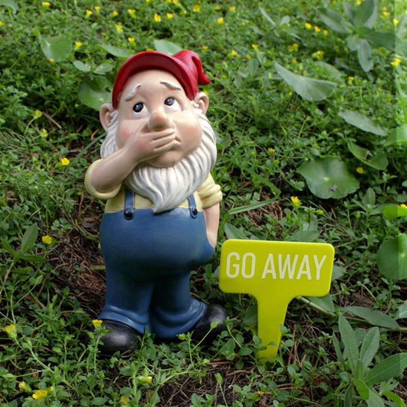 Funny Mouth-Covered Garden Gnome Statue with Go Away Sign