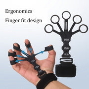 Hand demonstrating black 5-finger trainer on palm with blue directional arrows showing resistance mechanics