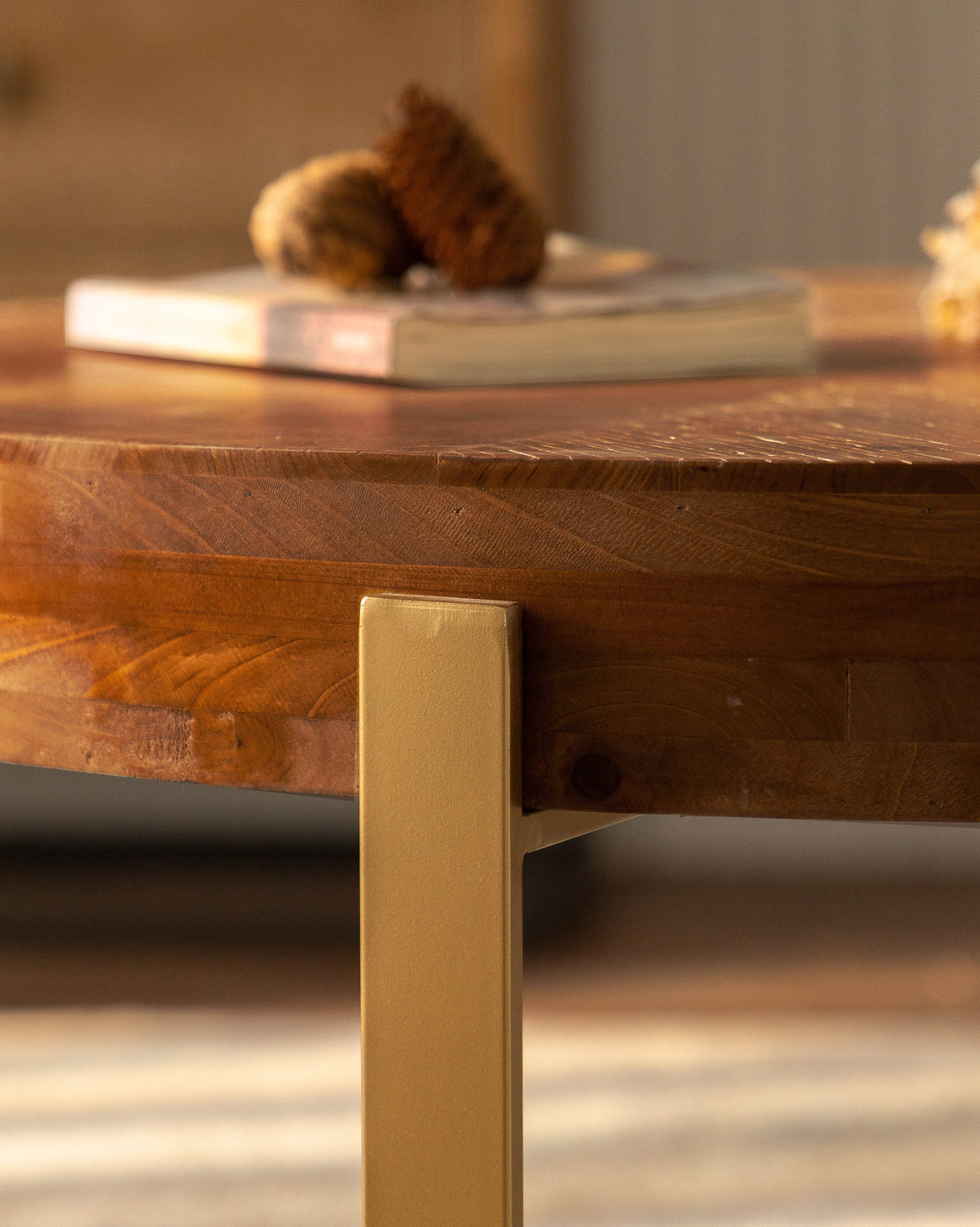 Modern Retro Round Coffee Table with Gold Cross Legs