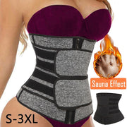 Woman wearing purple sports bra and neoprene waist trainer in gray and black striped pattern; 'Sauna Effect' flame badge and size range S-3XL displayed