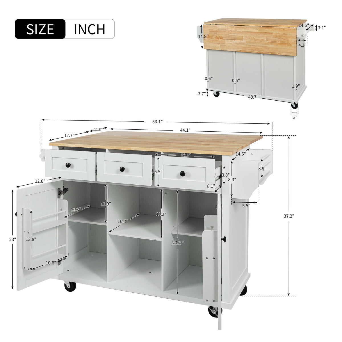 Rubber Wood Kitchen Island Cart with Drop Leaf Extensions