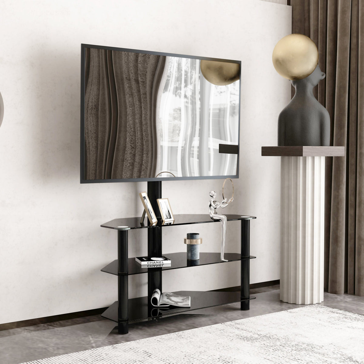 3-Tier Glass TV Stand with Height-Adjustable Swivel Mount