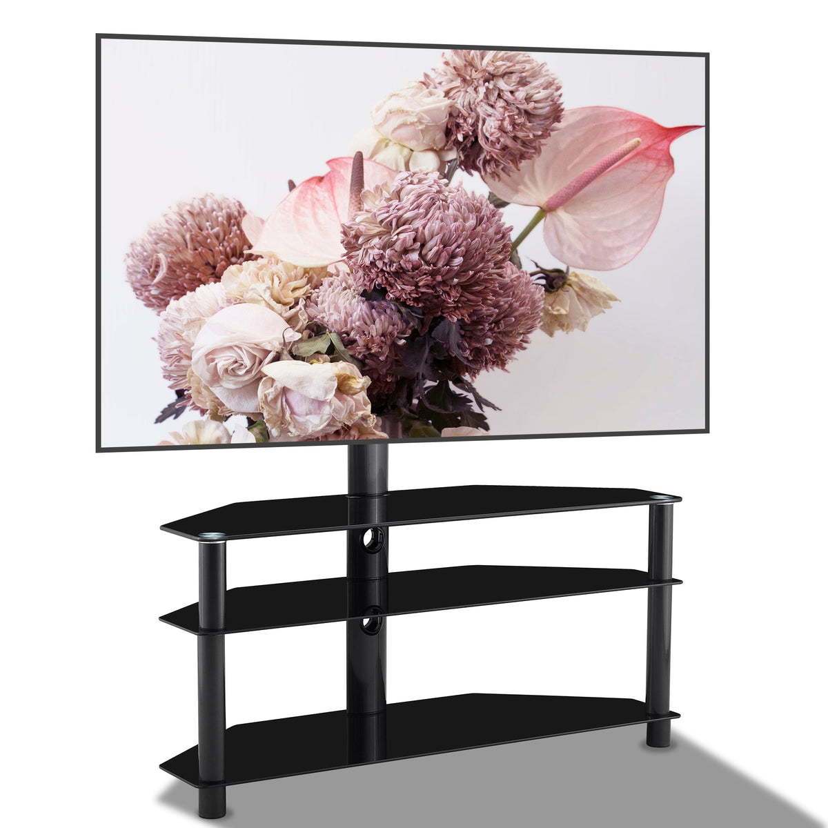 3-Tier Glass TV Stand with Height-Adjustable Swivel Mount