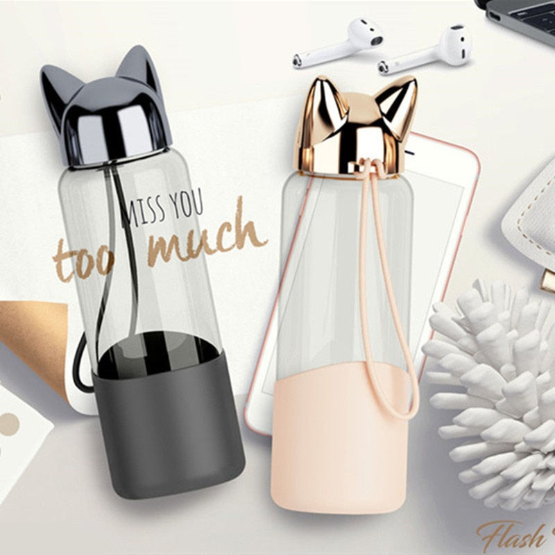 Cat-Ear Glass Water Bottle 350ml with Sleeve & Rope