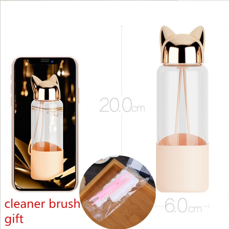 Cat-Ear Glass Water Bottle 350ml with Sleeve & Rope