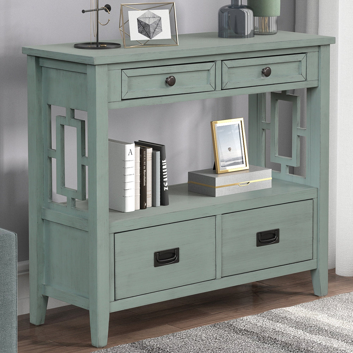 Farmhouse Entryway Console Table with Drawers, Retro Blue