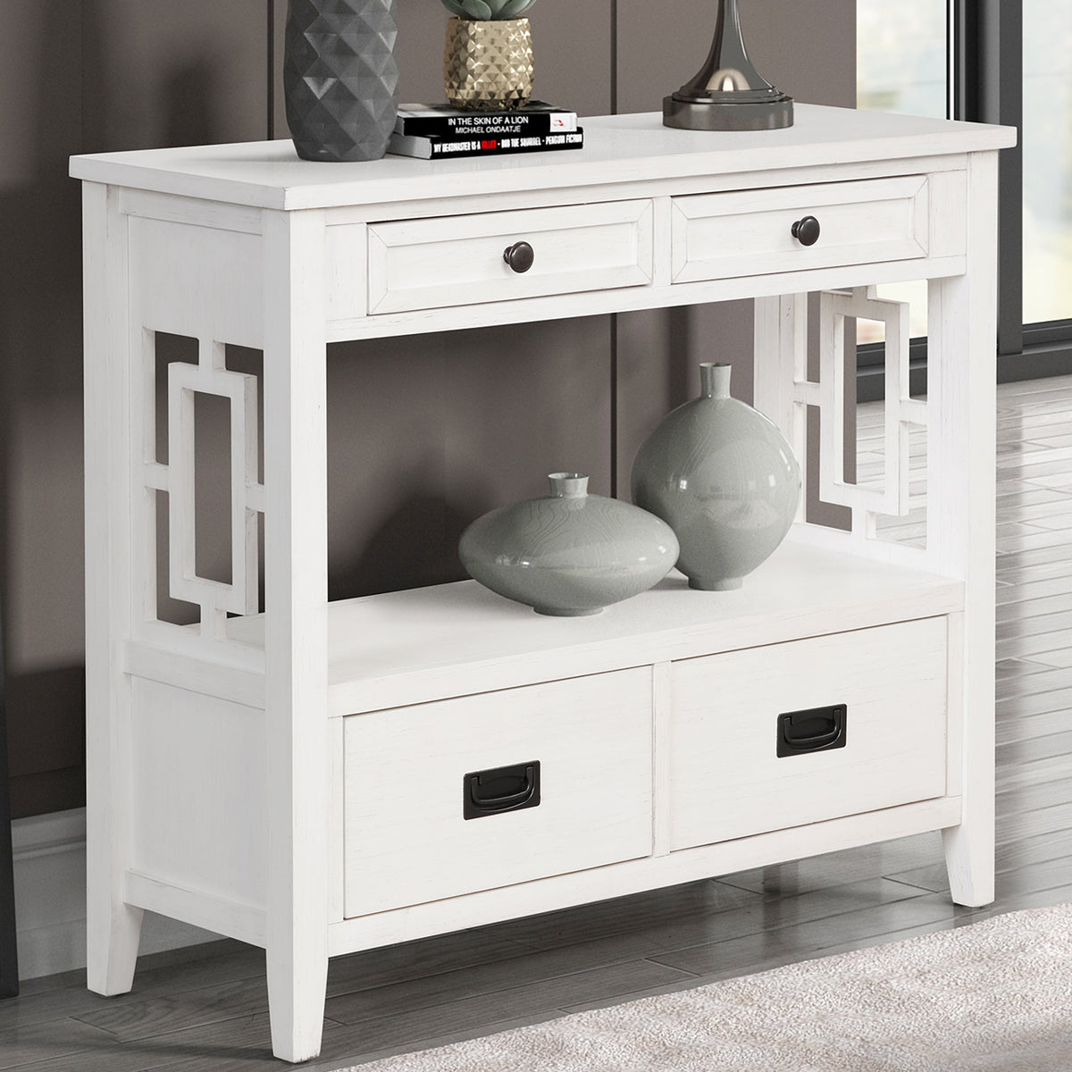 Farmhouse Pine Console Table with 4 Drawers & Shelf
