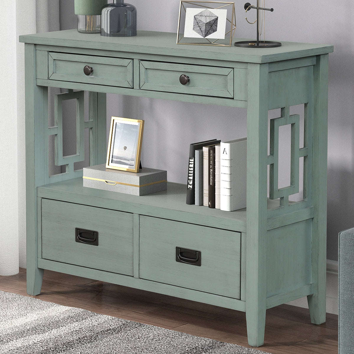 Farmhouse Entryway Console Table with Drawers, Retro Blue