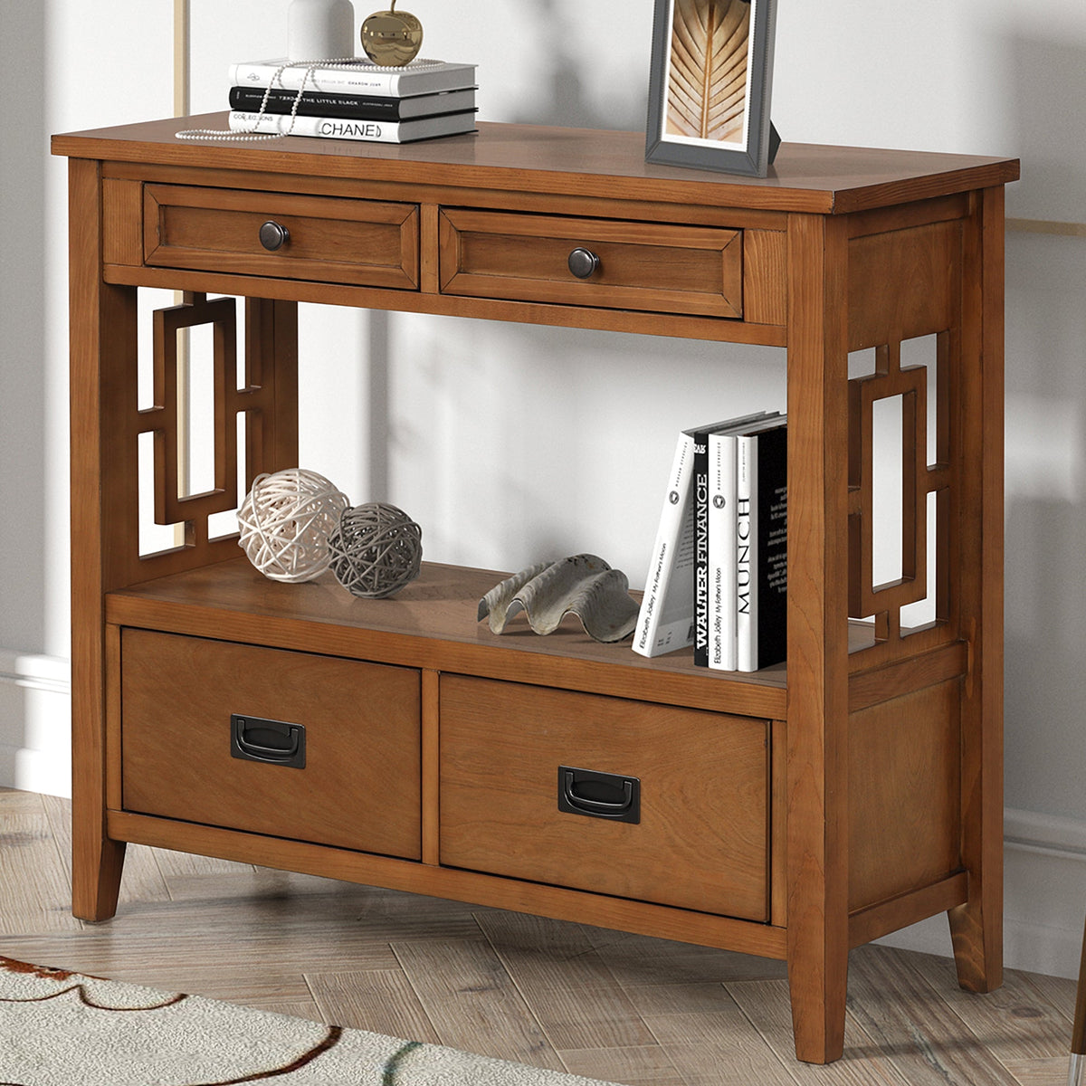 Farmhouse Pine Entryway Console Table with 4 Drawers