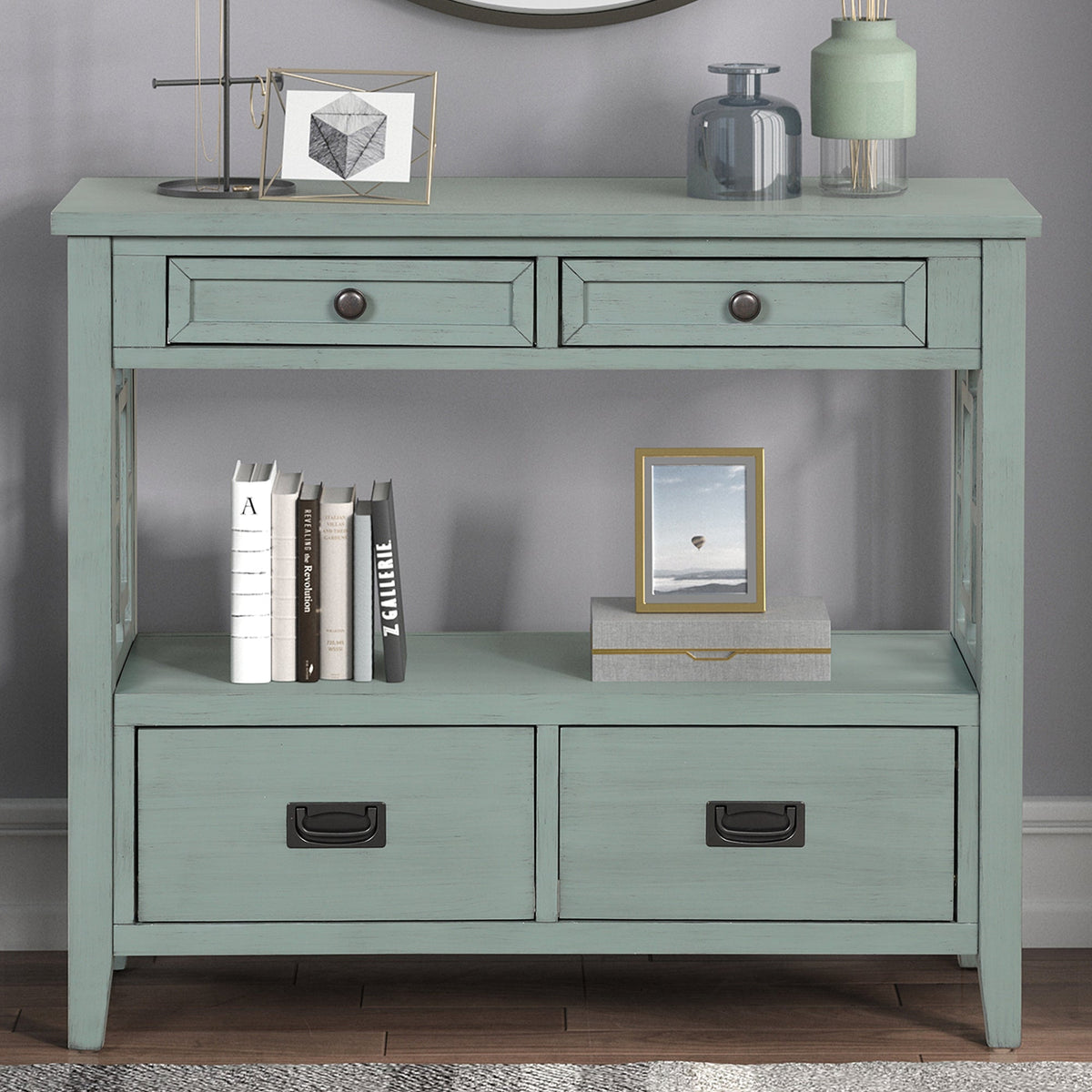 Farmhouse Entryway Console Table with Drawers, Retro Blue