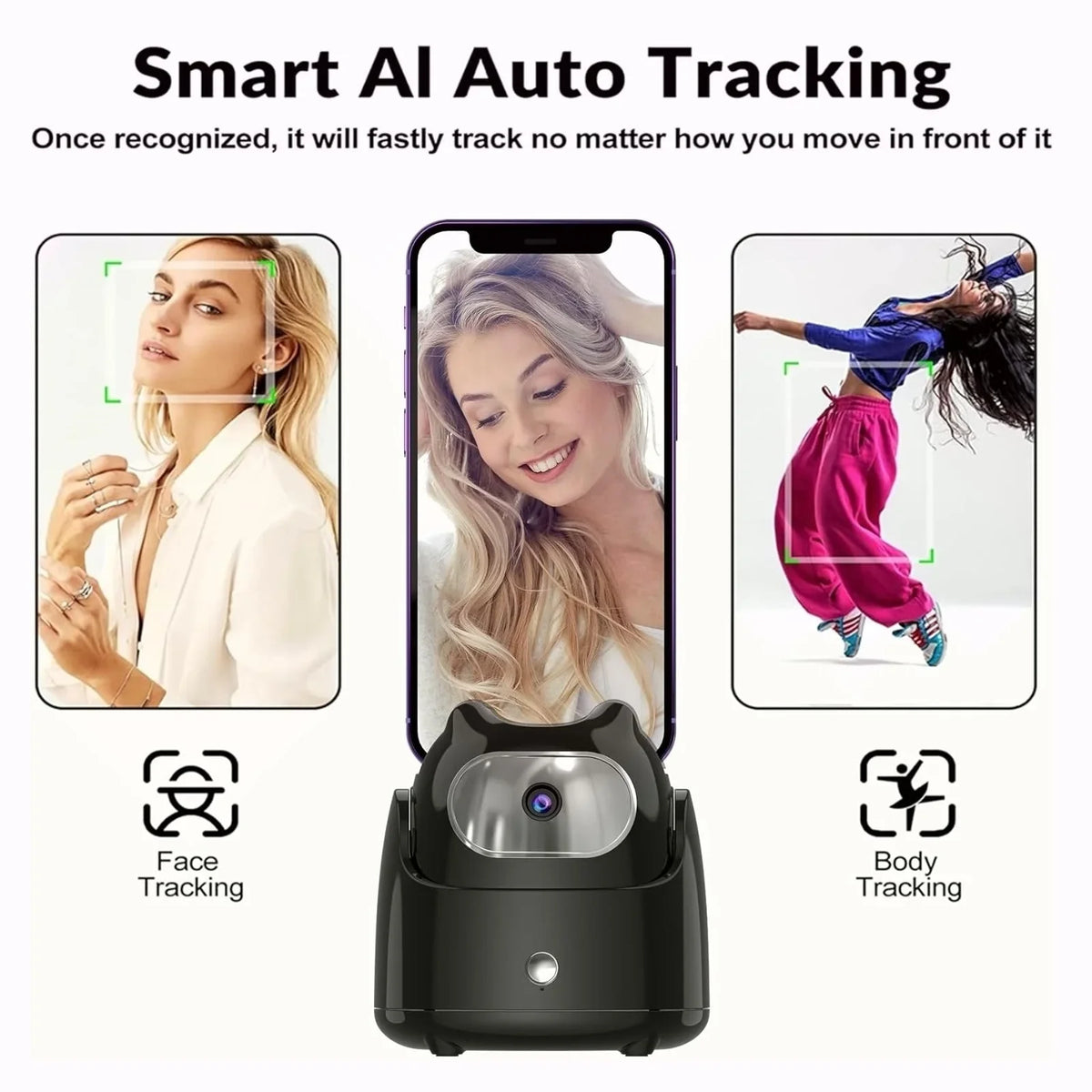 AI Face Tracking Phone Holder with 360° Rotation, No App