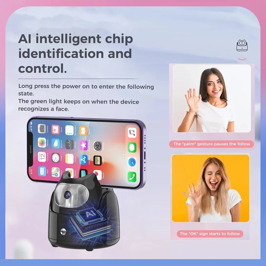 AI Face Tracking Phone Holder with 360° Rotation, No App