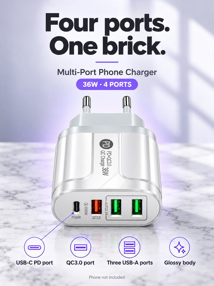 36W Fast Multi-Port Phone Charger: USB-C PD + QC3.0