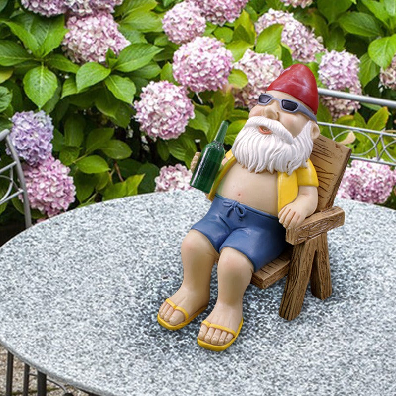 Funny Garden Gnome Figurine Relaxing in a Deck Chair