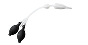 Two matte black silicone squeeze bulbs connected via clear tubing to a white dual-port flexible nozzle, shown on white background