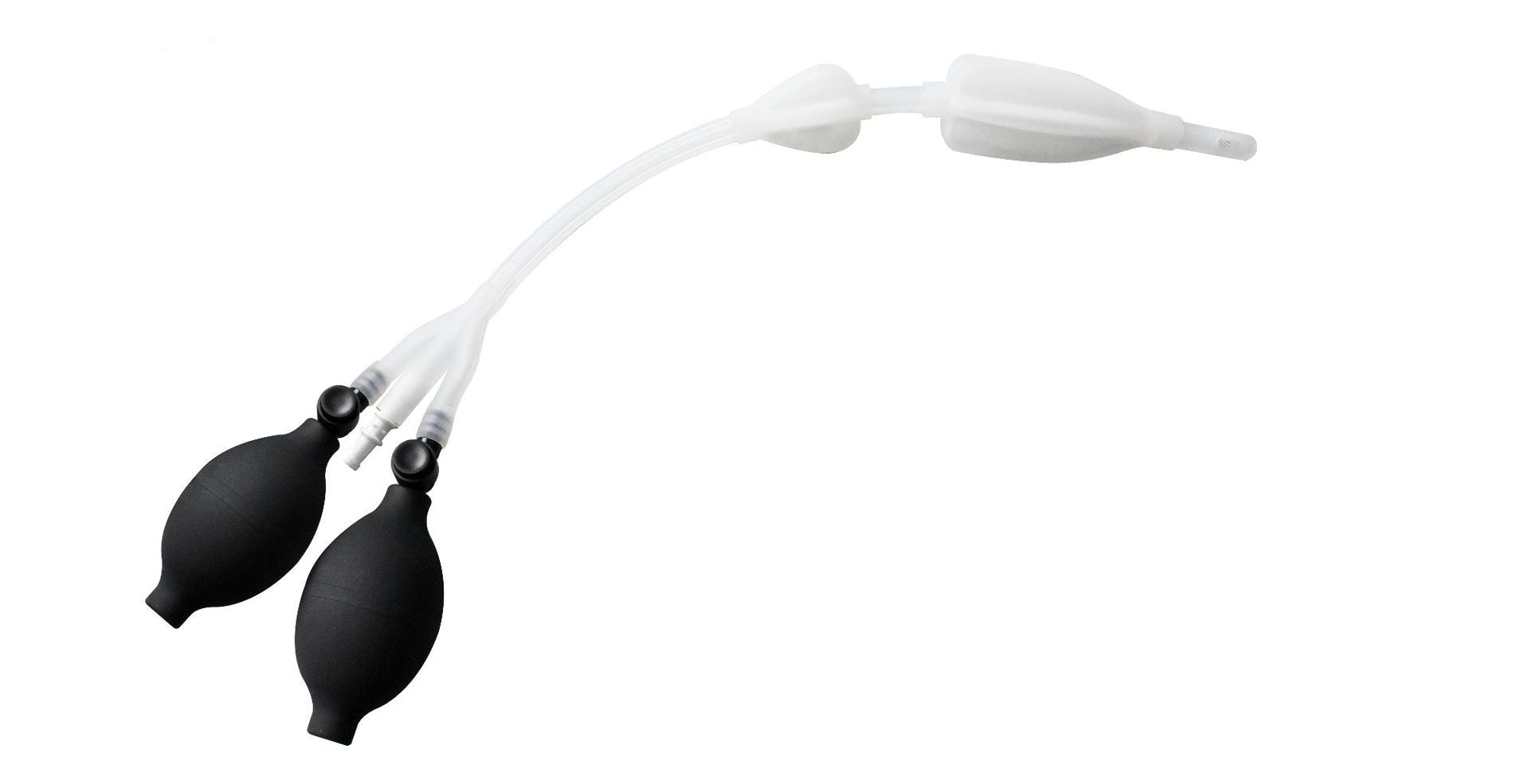 Two matte black silicone squeeze bulbs connected via clear tubing to a white dual-port flexible nozzle, shown on white background
