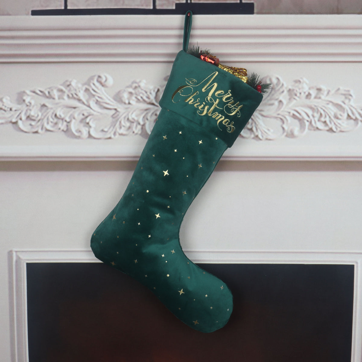 Christmas Stocking Set With Gold Embroidery, 3-Piece Decor