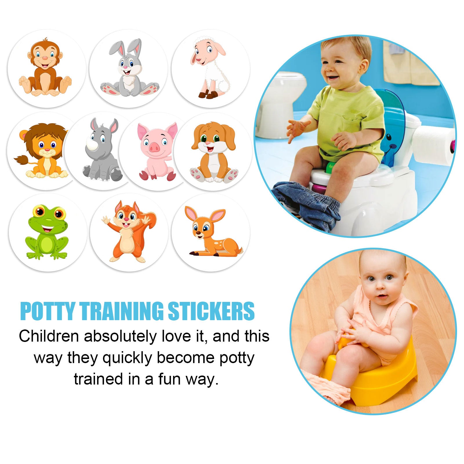 Close-up display of all 10 animal character stickers with child using potty seat and motivational text about rewards