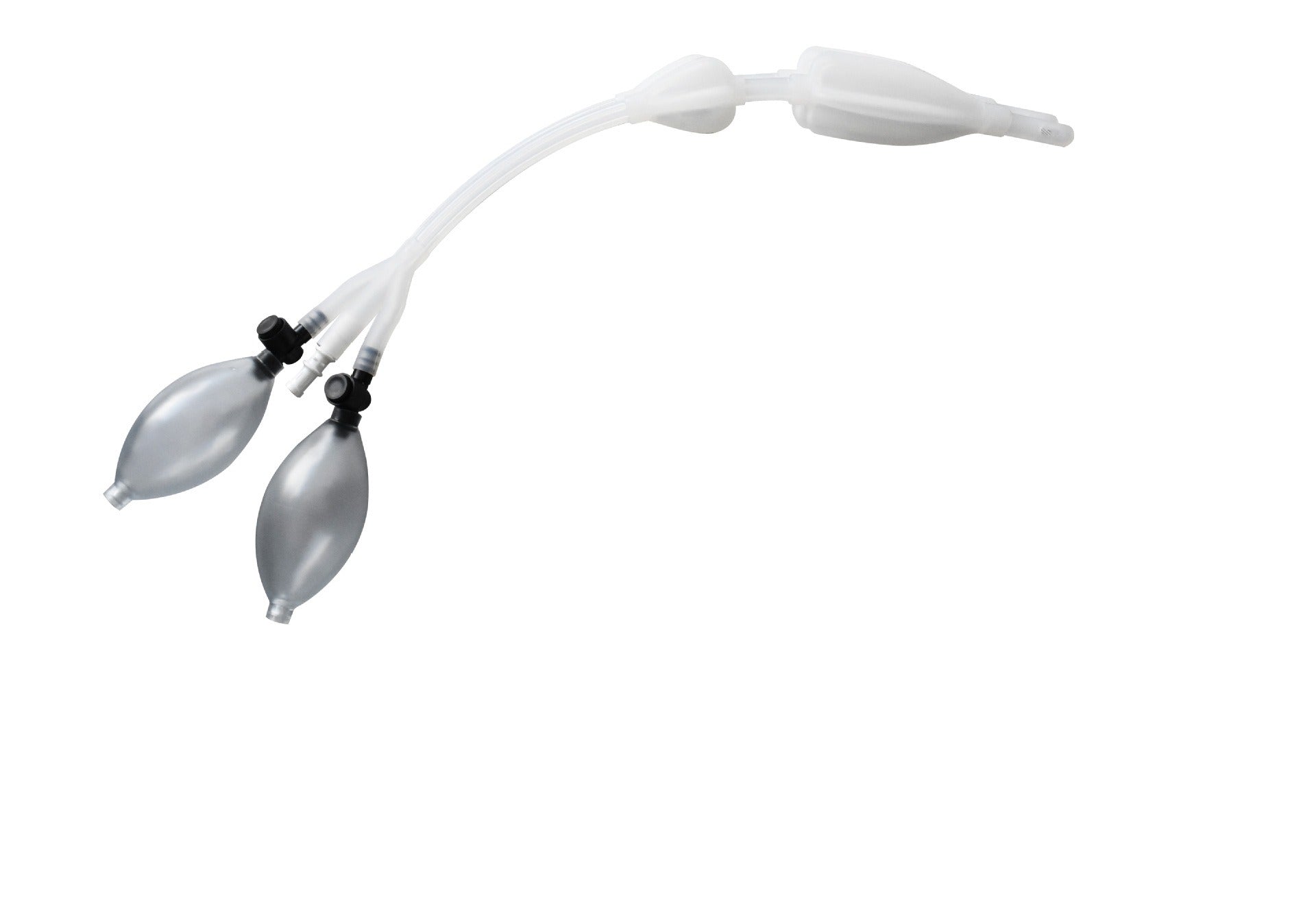 Clear/translucent grey silicone dual bulbs with white tubing and nozzle on white background